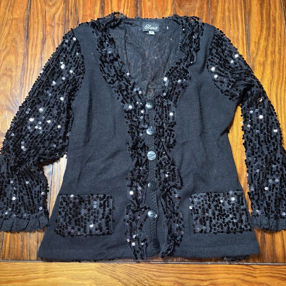 Elaris Black Sequin Mixed Material Cardigan Fun Funky Art Vtg Shine Sz S A756